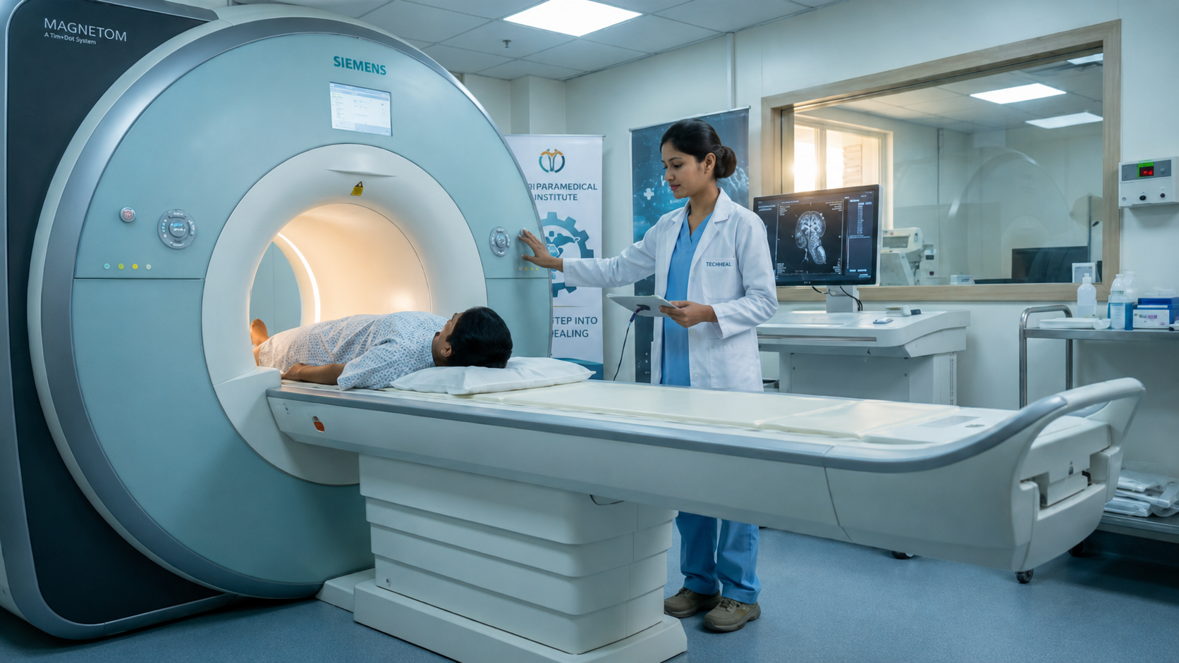 MRI scan procedure being conducted by a healthcare professional in a modern diagnostic laboratory