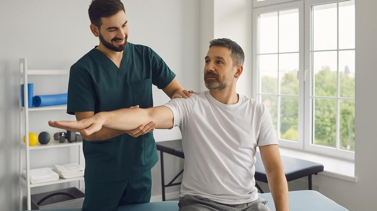 A physical therapist assists a man with arm stretching exercises during a rehabilitation session.