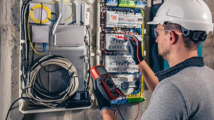 An electrician wearing a hard hat uses a digital multimeter to test wiring inside an electrical control panel.
