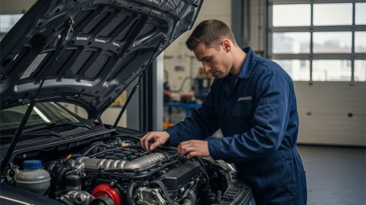 An auto mechanic in blue coveralls inspects and repairs a car engine inside a garage.