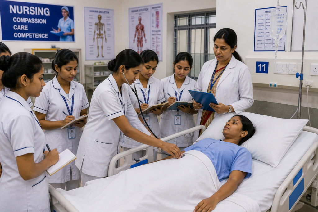 A group of nursing students and an instructor observe and care for a patient in a hospital training ward.
