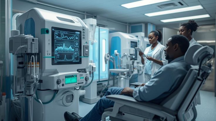 A patient sits in a medical chair while healthcare professionals monitor equipment and review data in a modern hospital treatment room.