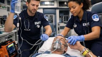 Two EMTs provide emergency medical care to a patient wearing an oxygen mask inside an ambulance.