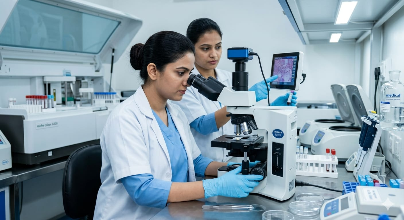 Students performing medical laboratory testing using a microscope in a paramedical lab