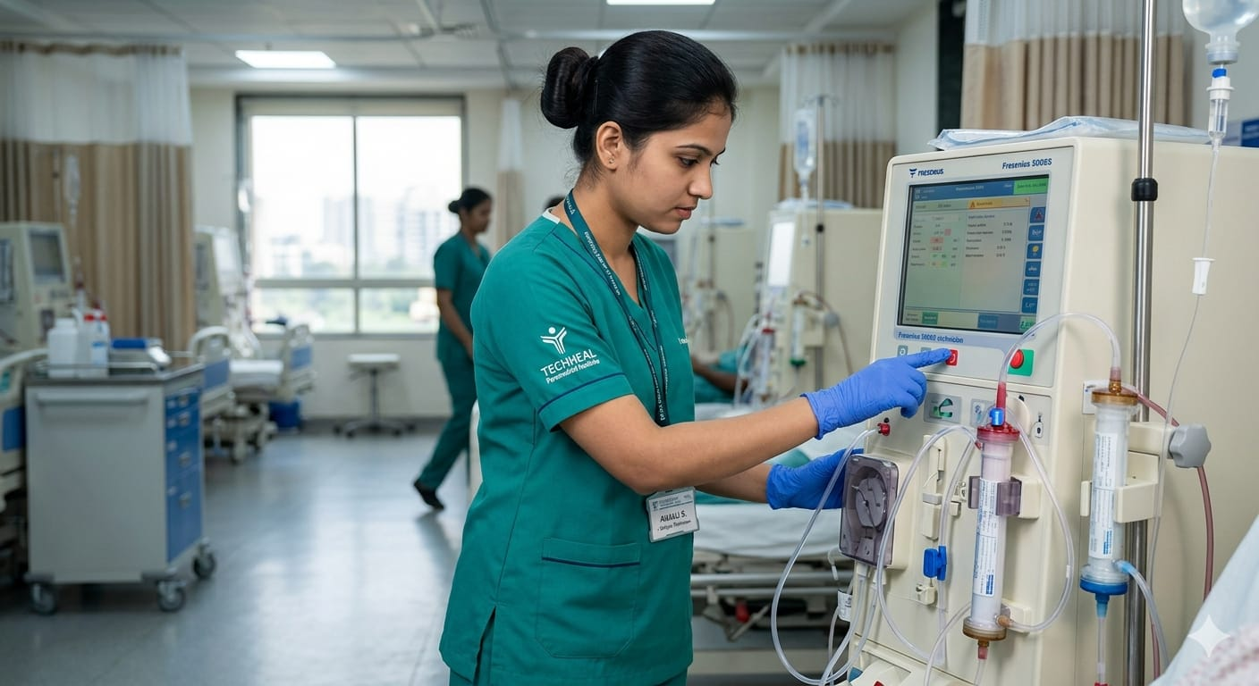 Healthcare student operating a dialysis machine during practical paramedical training