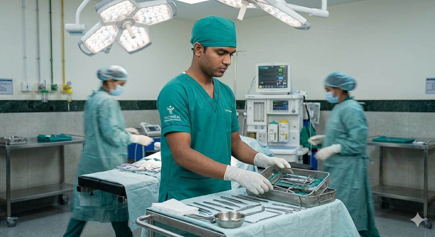 A healthcare worker in green surgical scrubs and gloves prepares sterilized instruments in an operating room while two staff members work in the background.