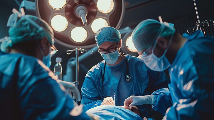 Three surgeons in blue surgical gowns and masks perform an operation under bright operating room lights.
